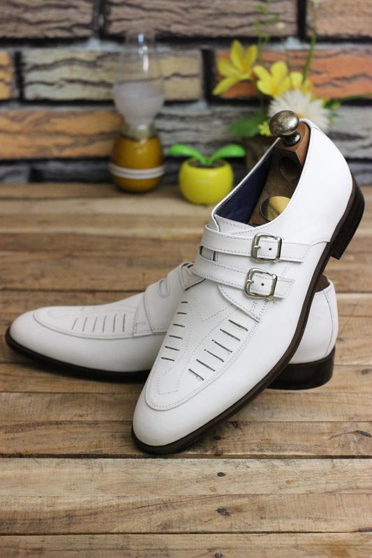 Handmade Men's double monk white luxurious Shoes, Men formal leather stylish shoes