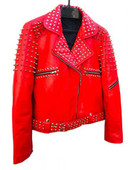 Handmade Women's Red Studded Leather Jacket