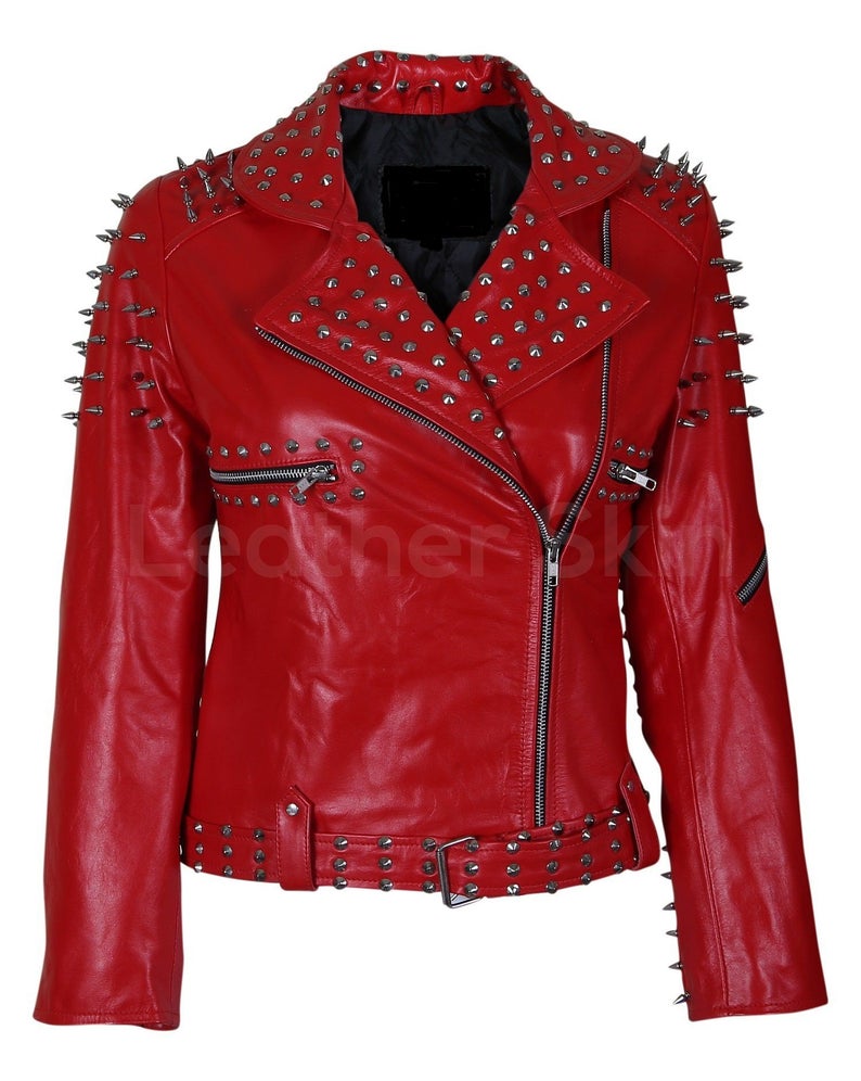 Handmade Women's Red Studded Leather Jacket
