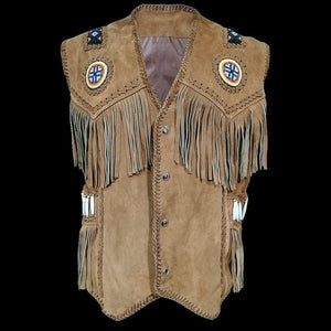 New Men Western Wear Handmade Cowhide Suede Vest With Fringes Beads Bones & Braid