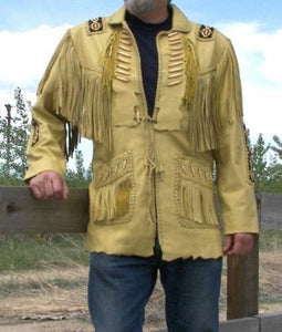 Men's Western Wear Native American Suede Leather jacket Coat Fringes and Beads