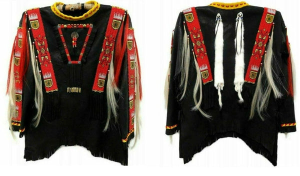 Old American Style Handmade Black Leather Lakota Beaded Powwow Regalia War Shirt