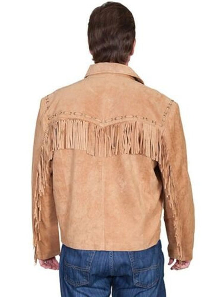 Men Western Wear Handmade Cowboy Cognac Buckskin Buffalo Suede Leather Fringe Jacket