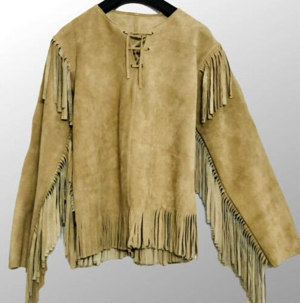 Western Wear Handmade Buckskin Suede Leather Fringes Jacket Native American War Shirt