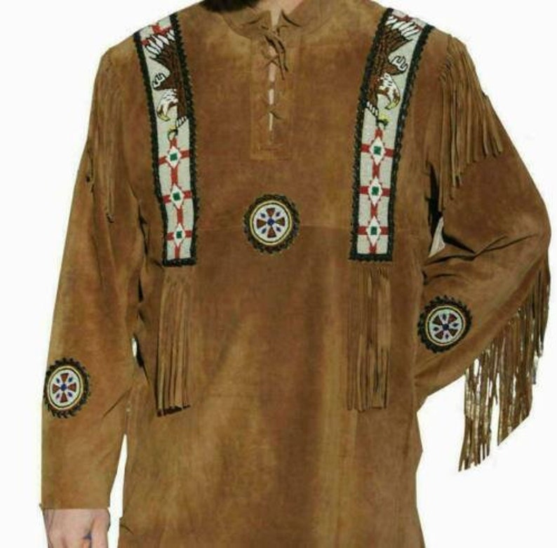 American Native Western Wear Handmade Suede Leather Jacket Fringes & Beads Work War Shirt