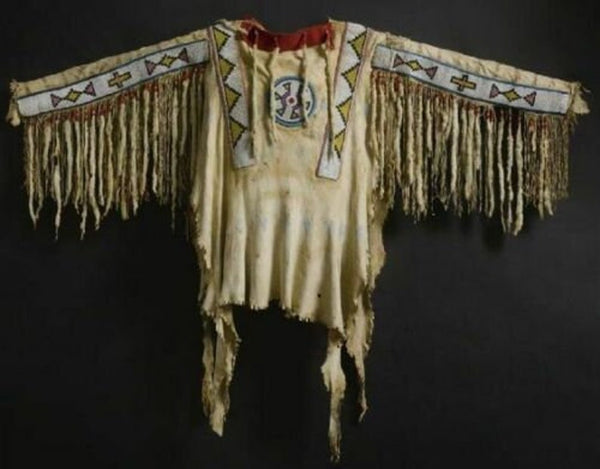 Handmade Old American Style Beige Suede Hide Fringes Sioux Beaded POWWOW War Shirt