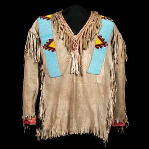 Handmade Old American Style Beige Suede Hide Fringes Sioux Beaded Powwow War Shirt