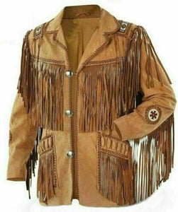 Western Wear Handmade Native American Buckskin Leather Jacket Fringes & Beaded Coat