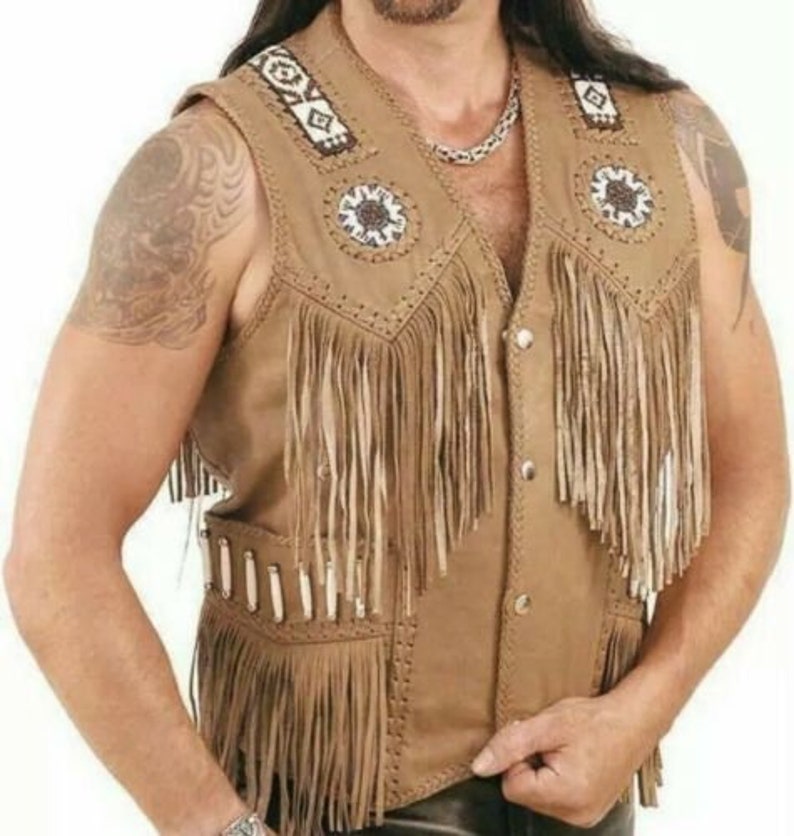 Men's Native American Handmade Western Jacket Buckskin Suede Leather Fringe & Beaded Vest