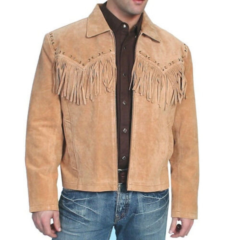 Men Western Wear Handmade Cowboy Cognac Buckskin Buffalo Suede Leather Fringe Jacket