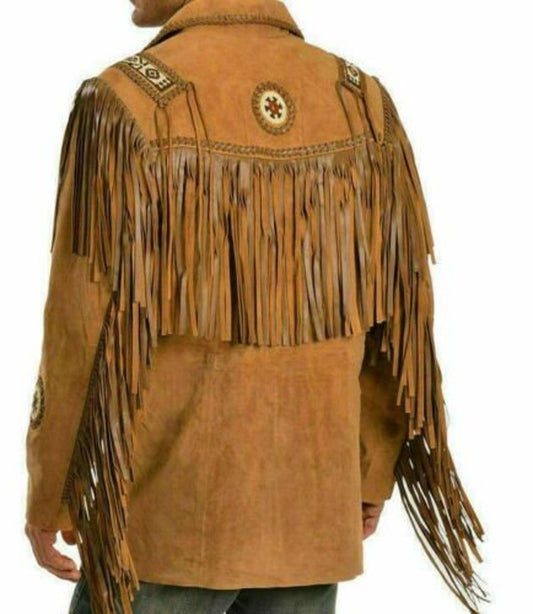 Western Wear Handmade Native American Buckskin Leather Jacket Fringes & Beaded Coat