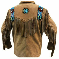 Men's Native American Handmade Suede Leather Jacket With Fringes Eagle Brown Mountain