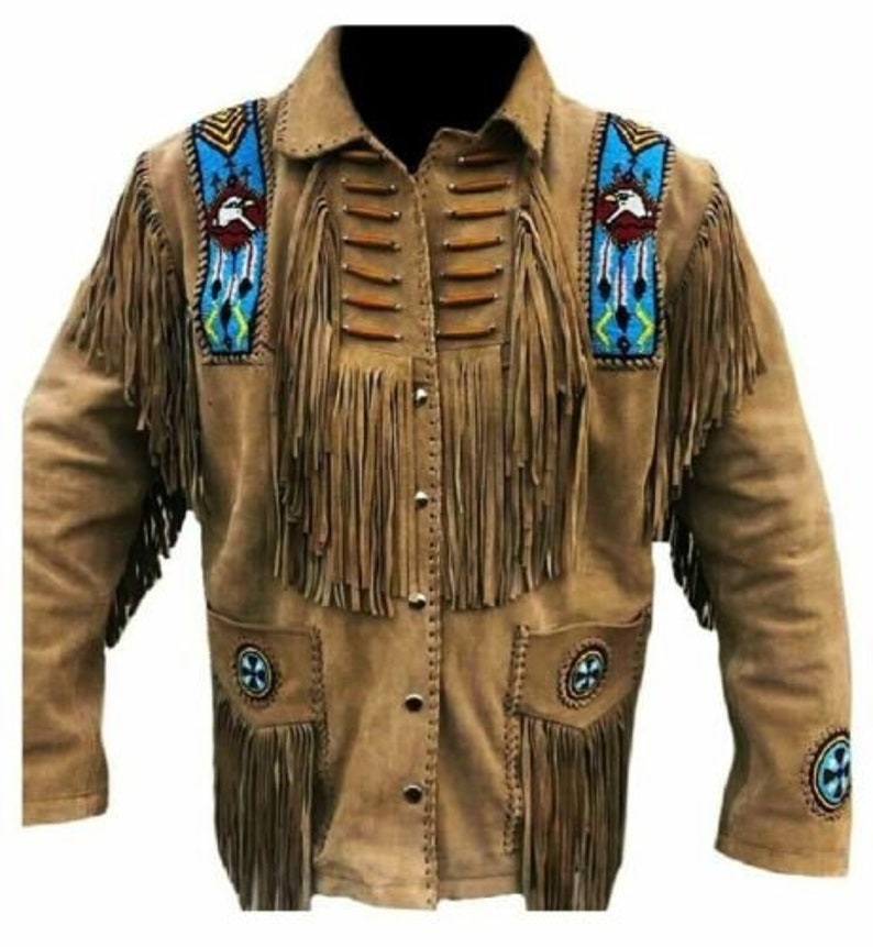 Men's Native American Handmade Suede Leather Jacket With Fringes Eagle Brown Mountain