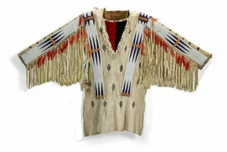 Old American Handmade Beige Buckskin Suede Leather Fringe Beaded Powwow War Shirt