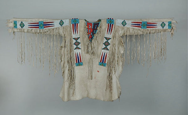 Old Style Handmade Beige Buffalo Suede Hide Fringe Sioux Beaded Powwow War Shirt
