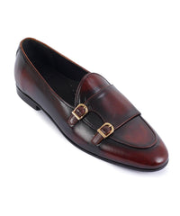 Handmade Men Shaded Burgundy Leather Double Monk Shoes, Belgian Monk Loafer