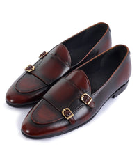 Handmade Men Shaded Burgundy Leather Double Monk Shoes, Belgian Monk Loafer