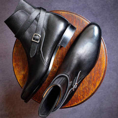 Handmade Mens Black Leather Jodhpurs Boots, Men Black Monk Strap Ankle Boot