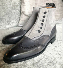 New Handmade Pure Dark Gray Leather & Gray Suede Leather Button Boots for Men's