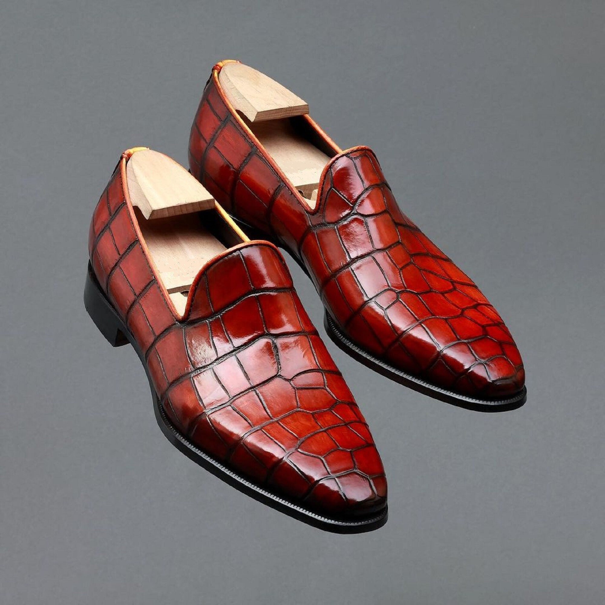 Handmade Leather Moccasins Shoes For Men's,  Men Crocodile Patterned Shoes, Men Loafer Shoes