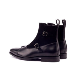 Men Handmade Black Leather & Suede Double Monk Ankle High Zipper Boots For Men