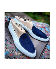 Awesome White Blue Suede Leather Men Loafers Dress Shoes, Men's Shoes, Slip on Shoes, Gift for him