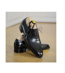 Men's Handmade Black Leather Lace Up One Piece Tuxedo Dress Shoes, Oxford shoes.