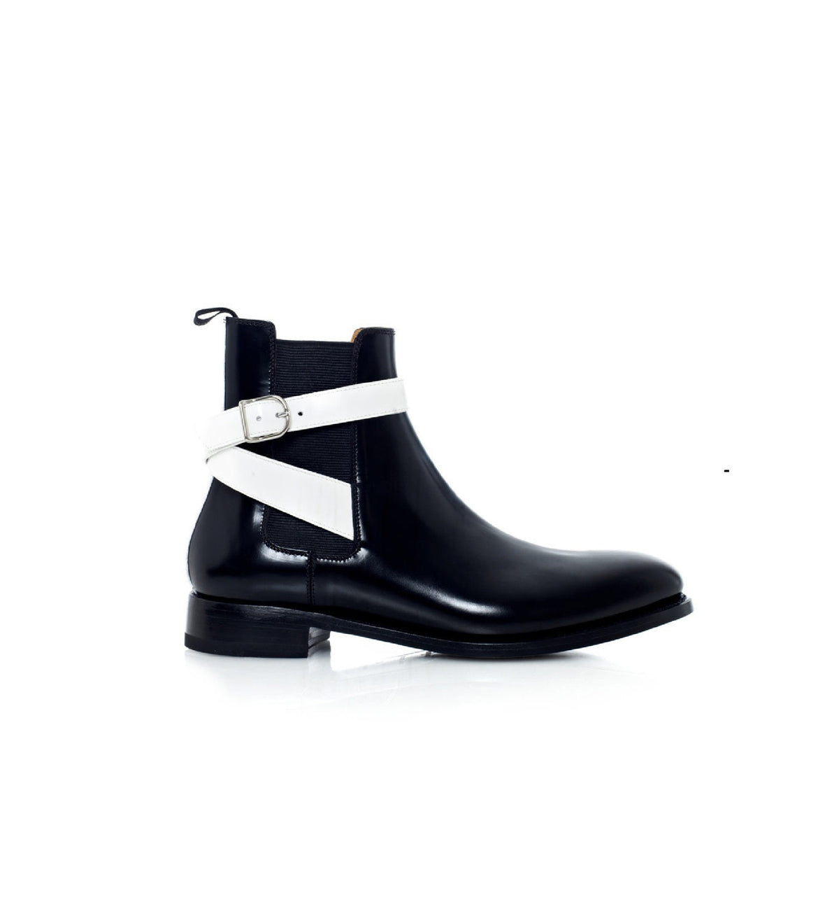 Men's Handmade Ankle High Chelsea boots black leather White Strap boots, Dress Buckle Boot Men, Gift for Him