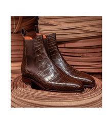 Men's Handmade Brown Color Chelsea Alligator Texture Pure Leather Ankle High Boots, Dress ankle Boot For Men's