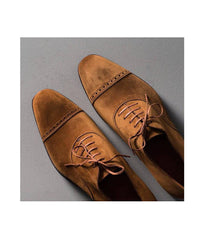 Mens Brown Cap Toe Gentlemen Formal Handmade Brown Leather Suede Shoes, Men Leather Shoes