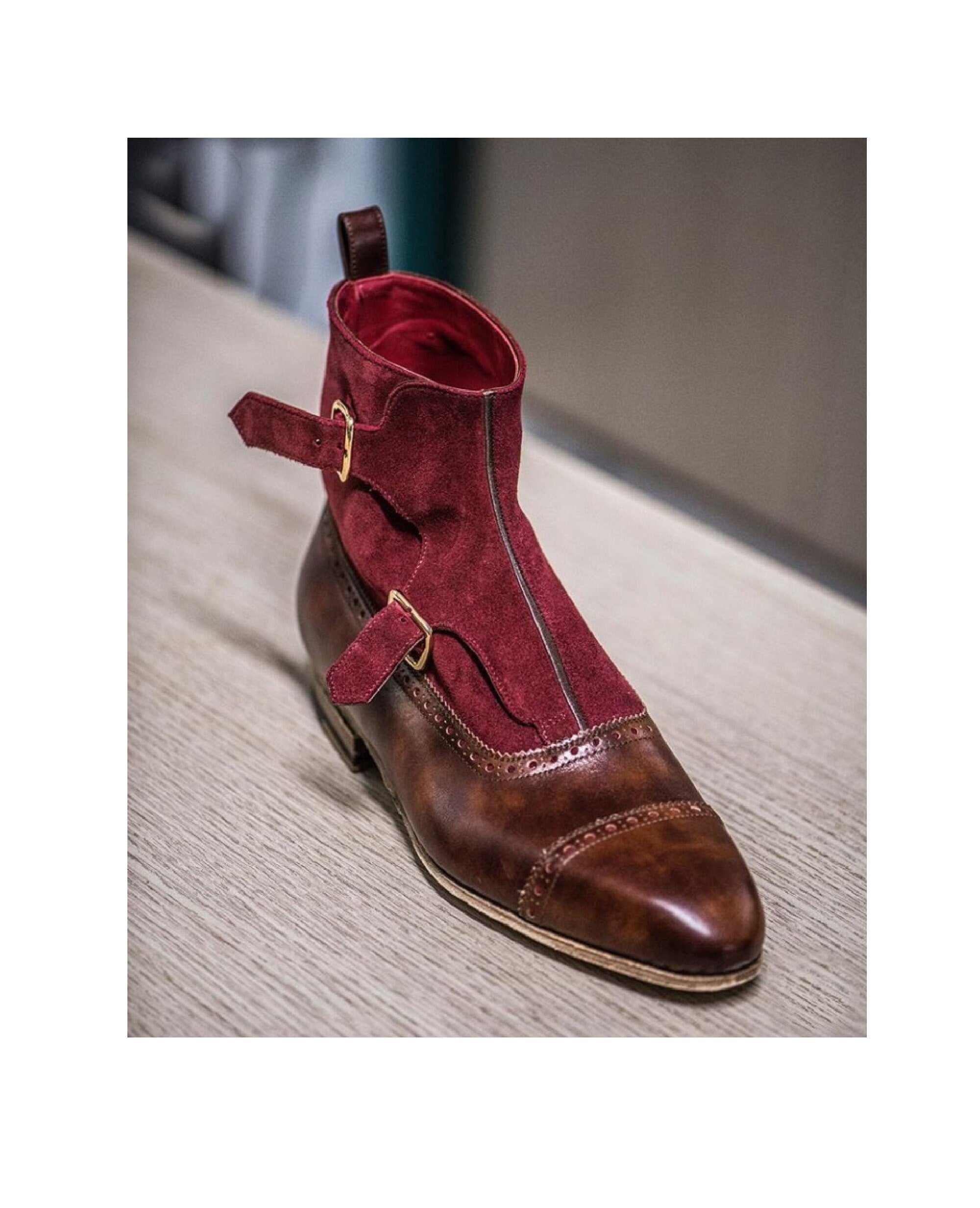 Handmade Bespoke Men's Brown & Red Suede Leather Upper Double Monk Strap , Cap Toe Ankle High Boots, Men boots