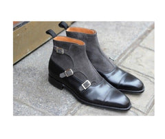 Handmade Bespoke Men's Black Leather & Suede Three Monk Strap Cap Toe Ankle High Boots