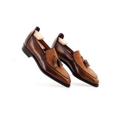 Brown Calf and Suede Leather Tassel Loafers Men Dress Shoes, Gift for him, Men Shoes