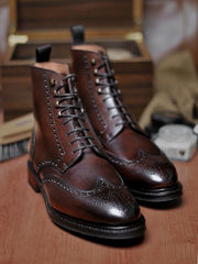 Men's Handmade Brown Color Leather Wing Tip Brogues Ankle High Stylish Casual Dress Boots