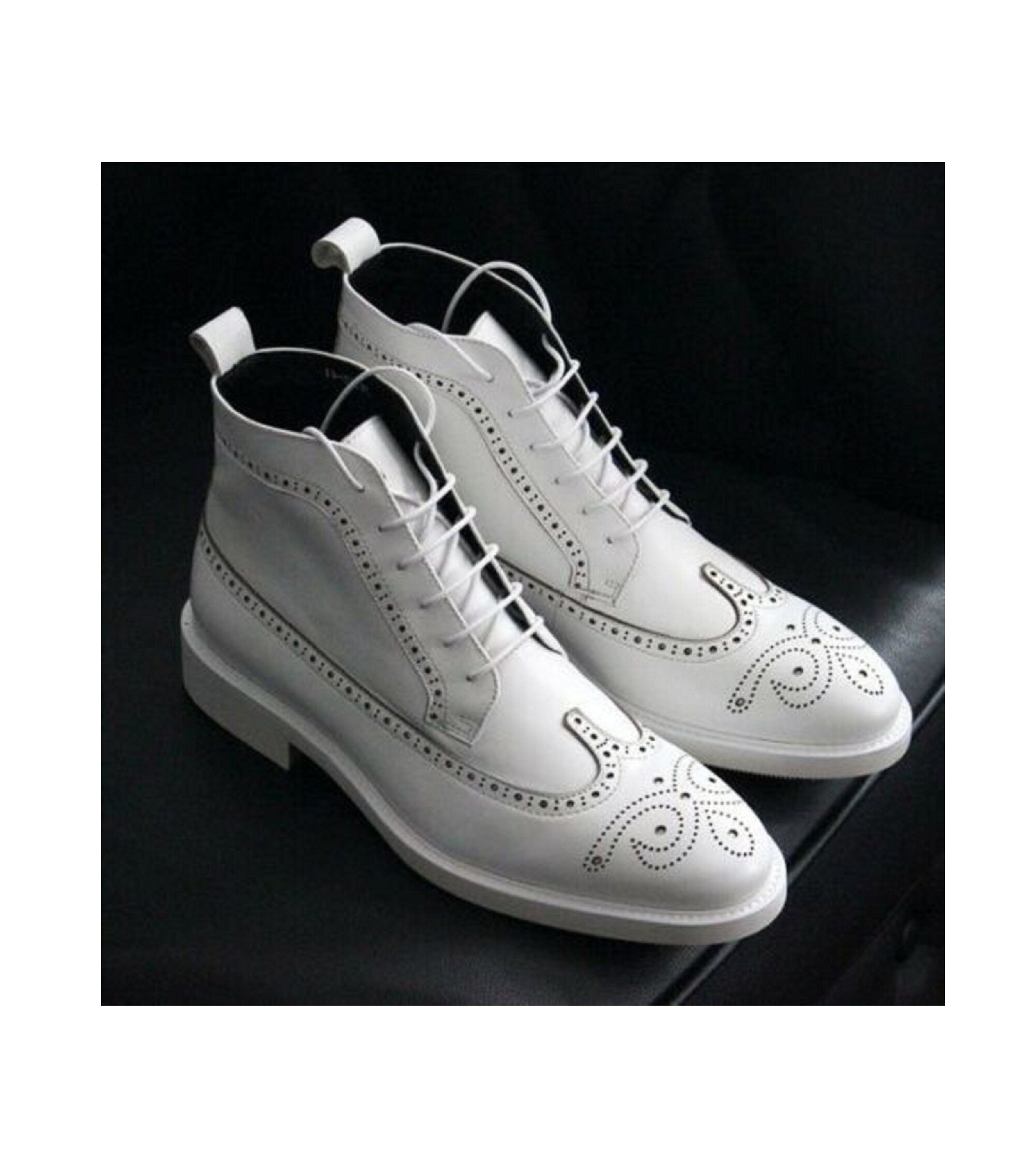 New Men's Handmade White Color Ankle High Pure White Leather Lace Up Wing Tip Brogue Boots