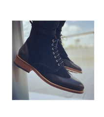 New Men's Handmade Black Suede & Leather Ankle Boots, Men's Leather Wingtip Ankle High Dress Boots