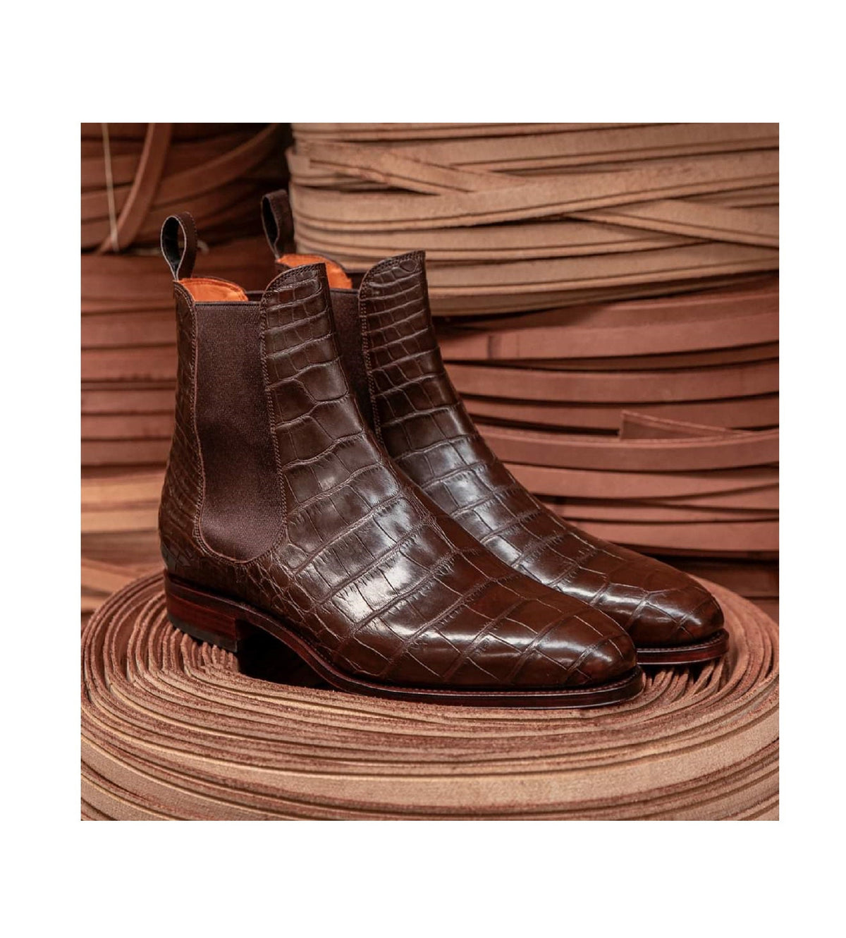 Men's Handmade Brown Color Chelsea Alligator Texture Pure Leather Ankle High Boots, Dress ankle Boot For Men's