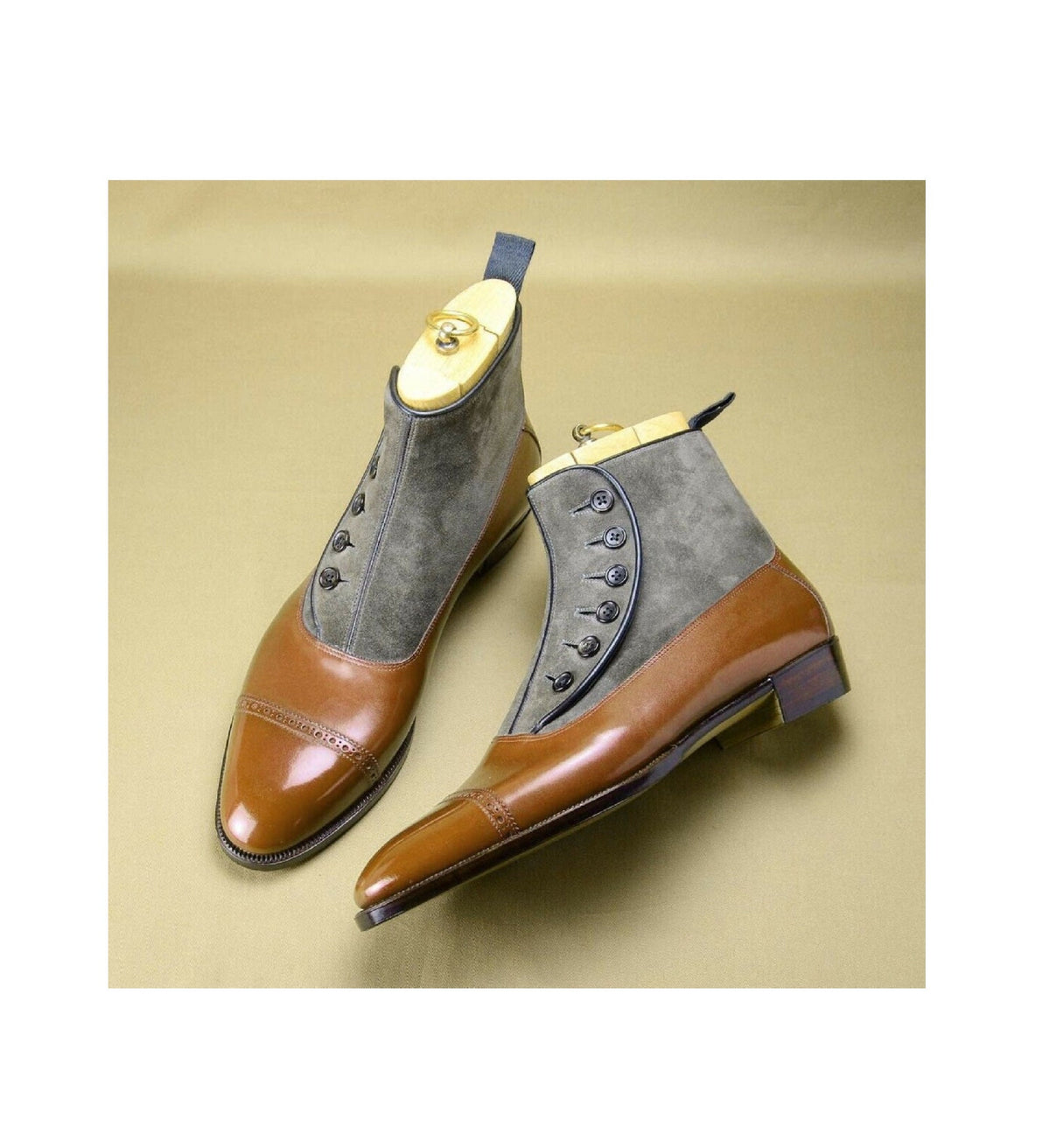 New Pure Handmade Leather And Suede Button Top Boot For Men, Men's Bespoke Tan & Grey Cap Toe Ankle Boots, Leather Boot