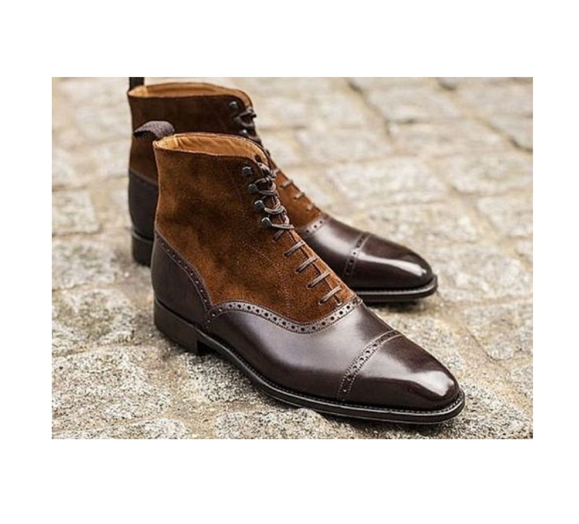 Handmade Bespoke Men's Brown & Suede Leather Upper Lace Up ,Cap Toe Ankle High Boots, Men boots
