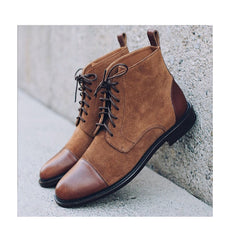 Men's Ankle Brown Cap Toe Leather Suede Boot, Lace Up Style Cap Toe Dress Boots