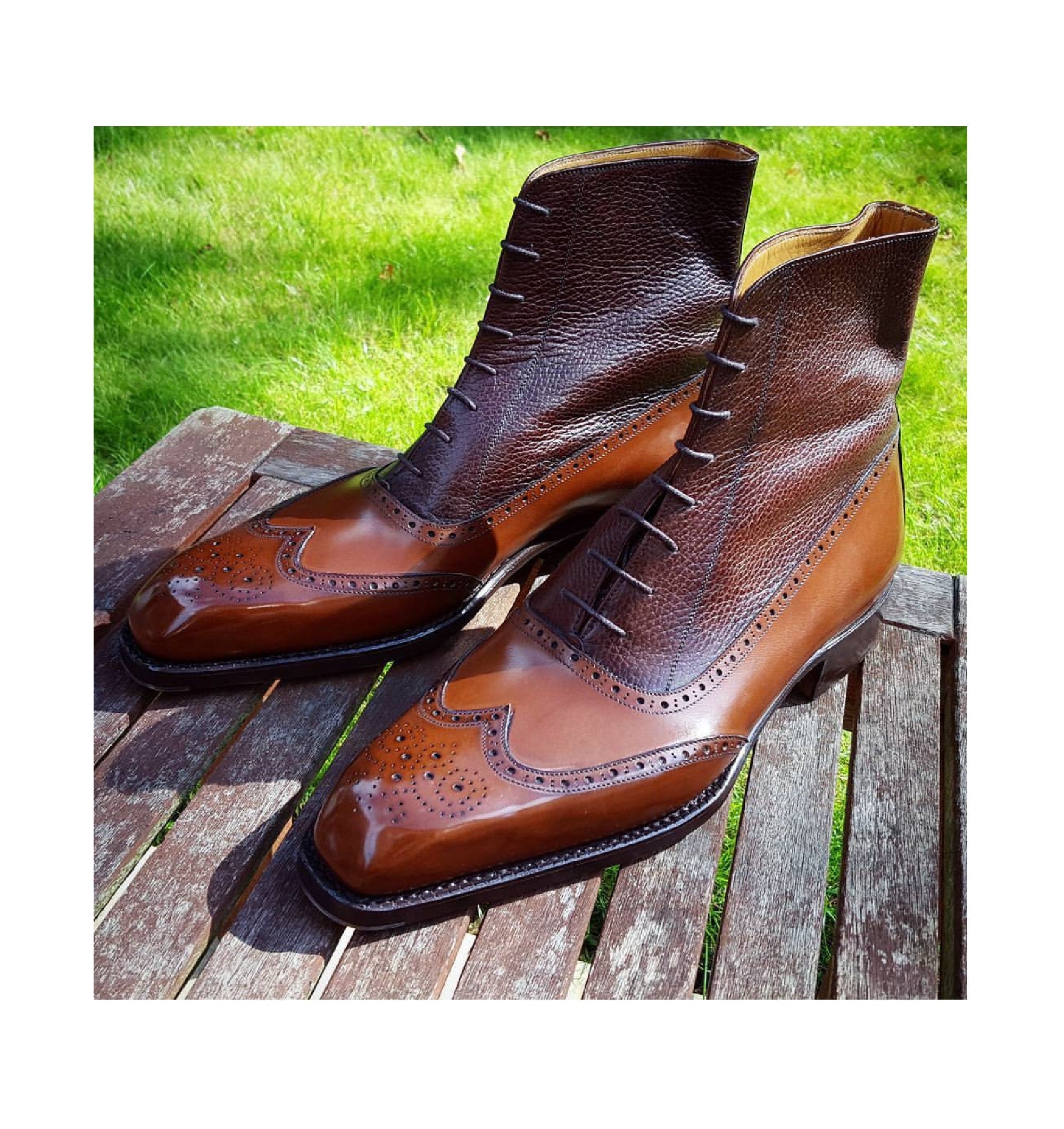 Bespoke Handmade Men's Brown Color Genuine Leather Wing Tip Brogues Lace Up Ankle High Boots