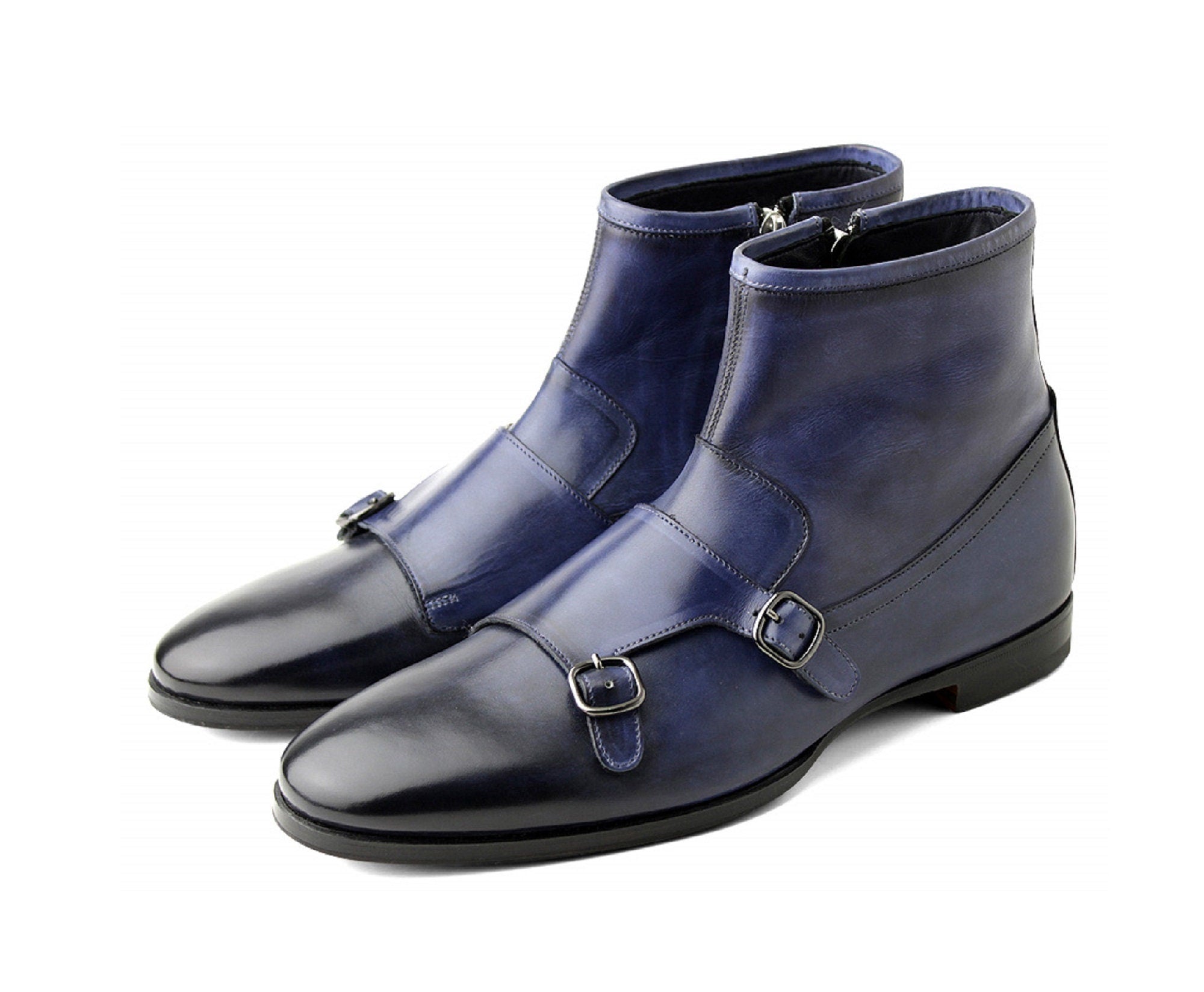 Handmade Men's Blue Color Monk Straps With Side Zipper Leather Boot For Men's