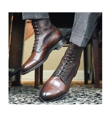Handmade Men's Brown Color Ankle Cap Toe Leather & Pebbled Leather Men's Boots