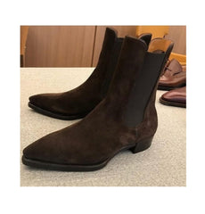 Bespoke Handmade Men's Chocolate Brown Color Suede Ankle High Chelsea Dress Boots