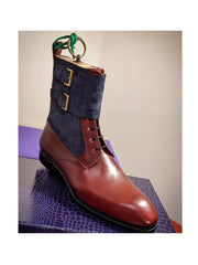 New Pure Handmade Brown Leather & Blue Suede Lace up Ankle Boots for Men's