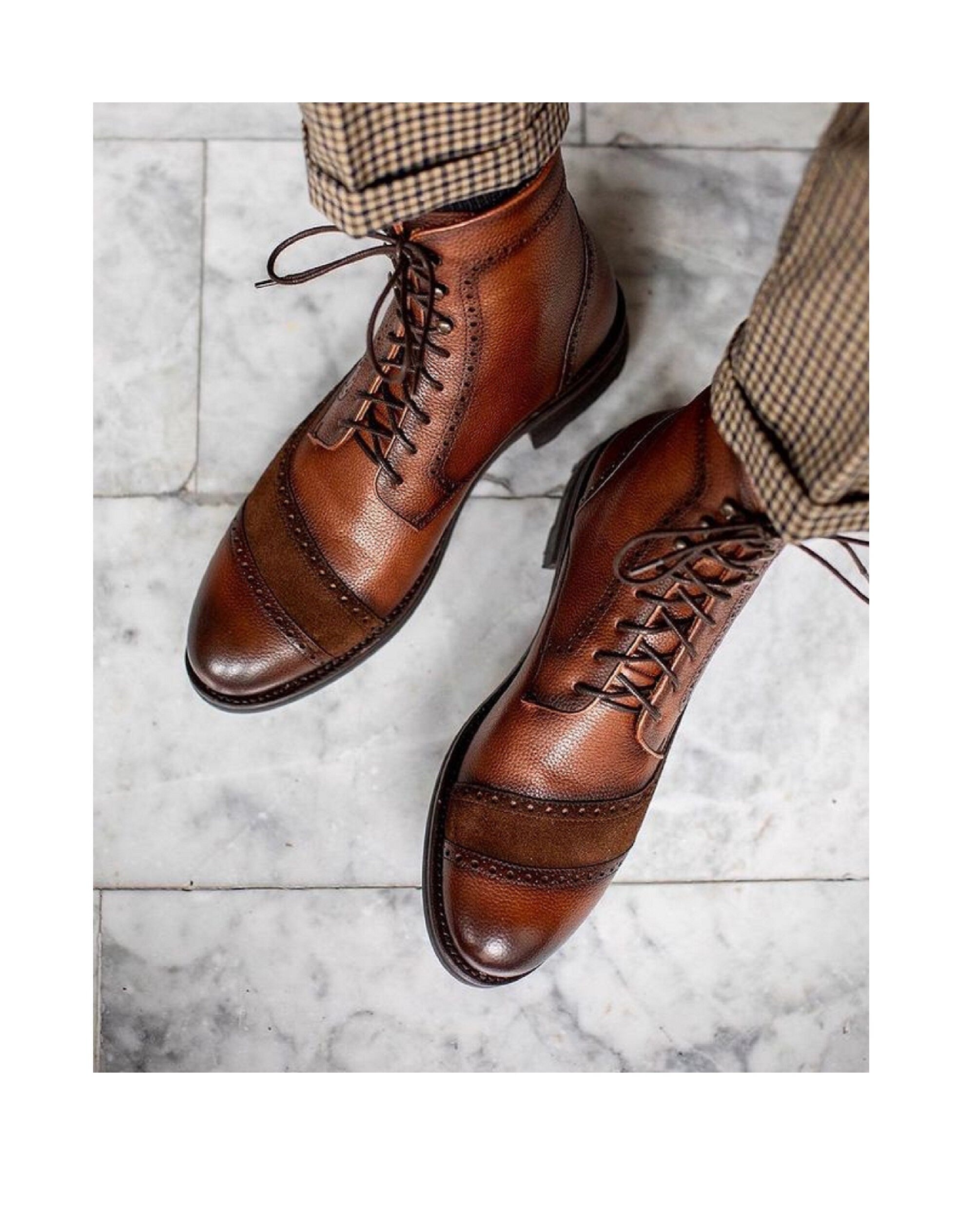 New Men's Handmade Brown Color Leather & Suede Luxury Men's Stylish Cap Toe Dress Fashion Ankle Boots