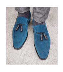 Handmade Men Best Blue Suede Oxfords Black Tassel Leather Formal Custom Made Shoes