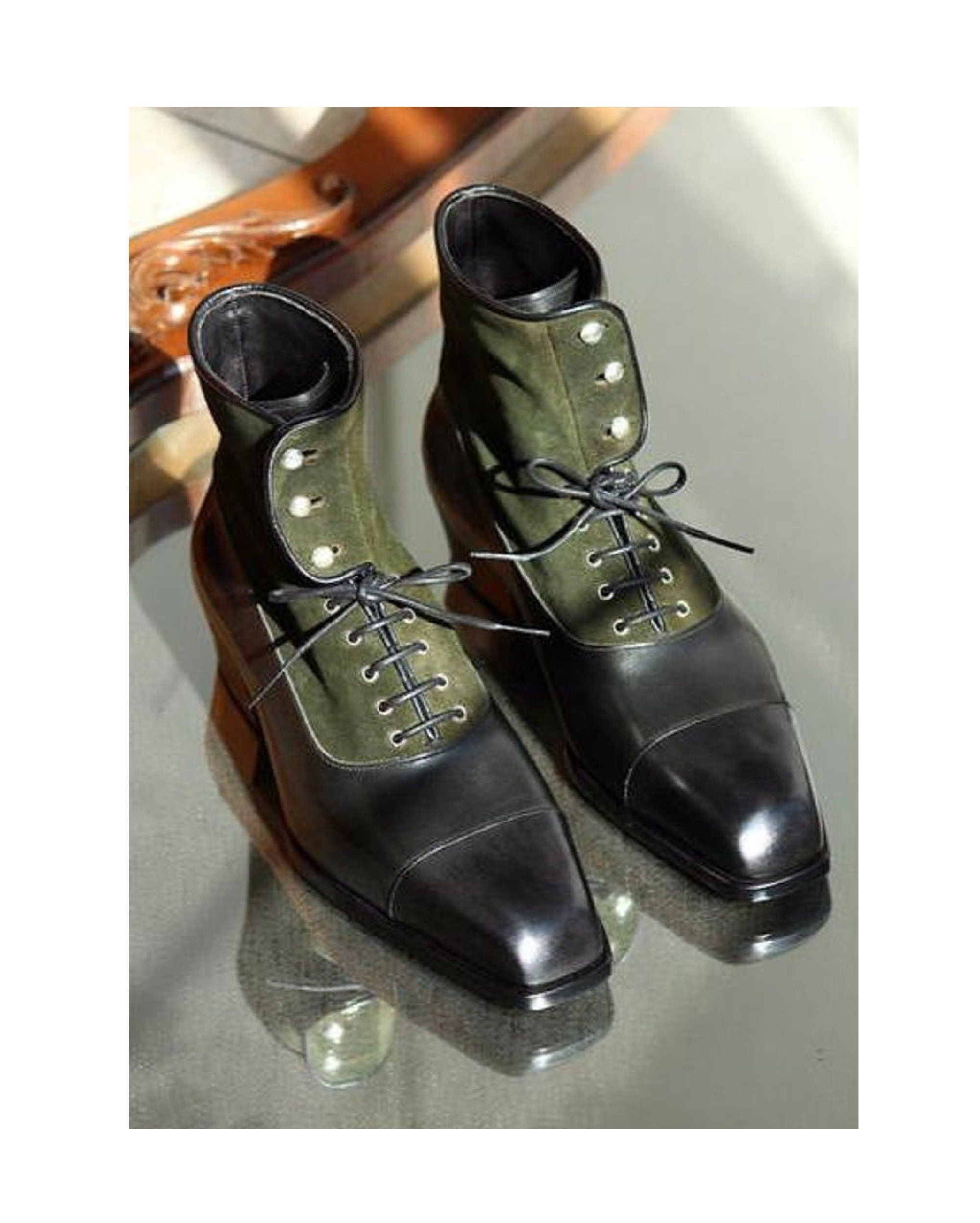 New Pure Handmade Black Leather & Green Suede Lace up Ankle Boots for Men's