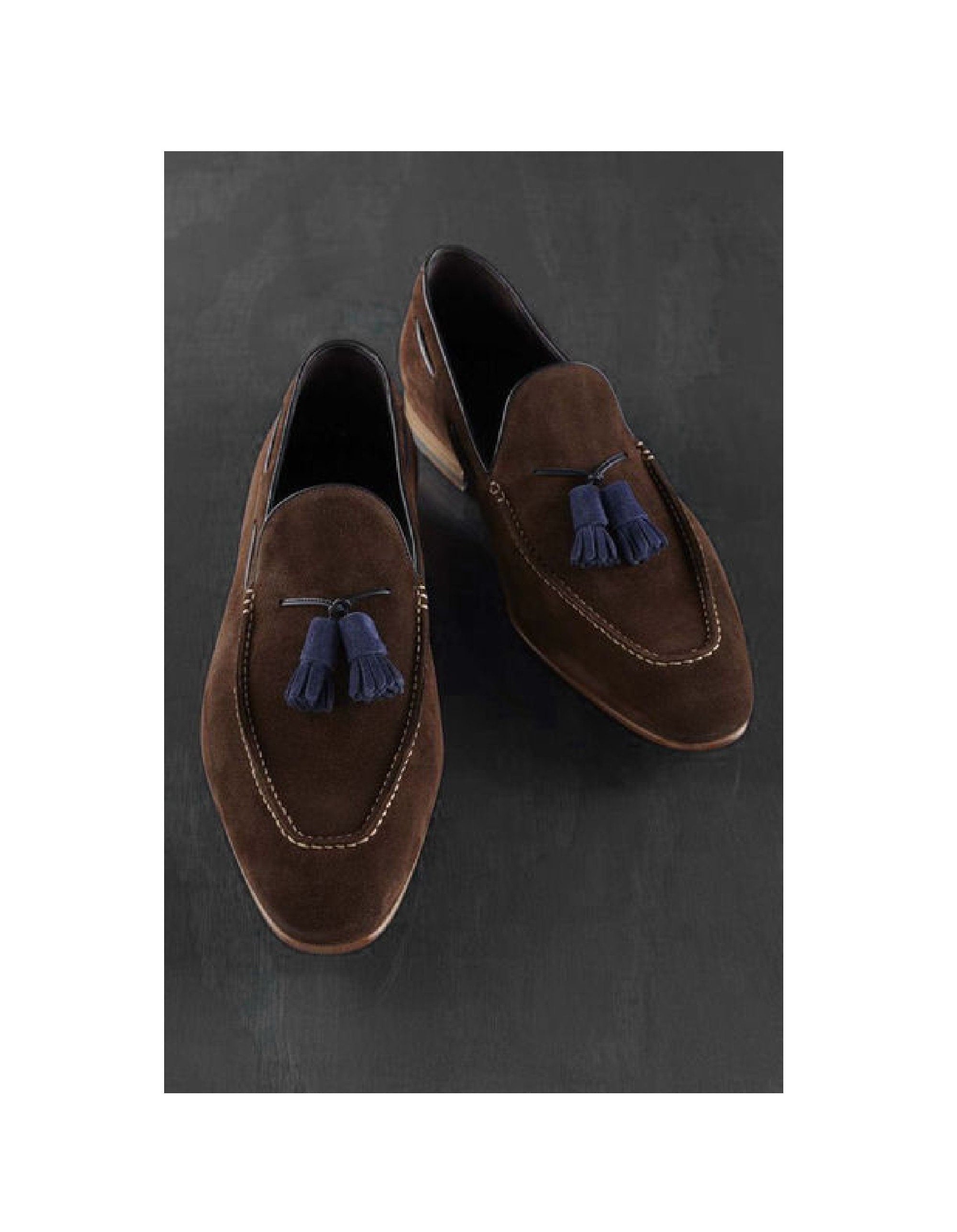 Loafer Slips On Brown Suede Leather Shoes Blue Tassel Rounded Apron Toe Handmade