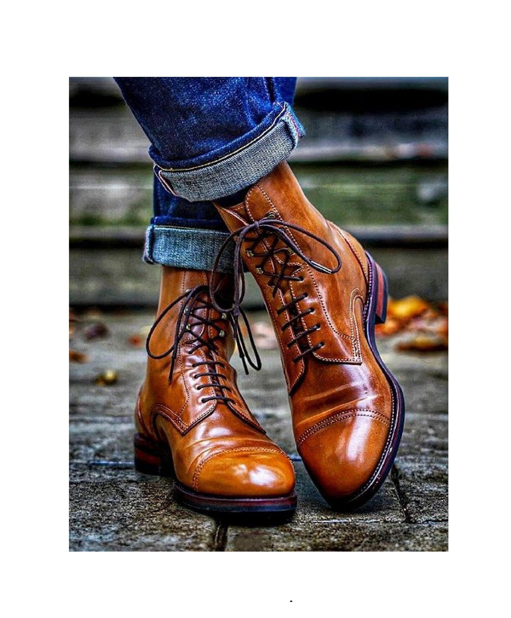 Men's New Look Military Cognac Brown Leather Ankle High Handmade Cap Toe Boot